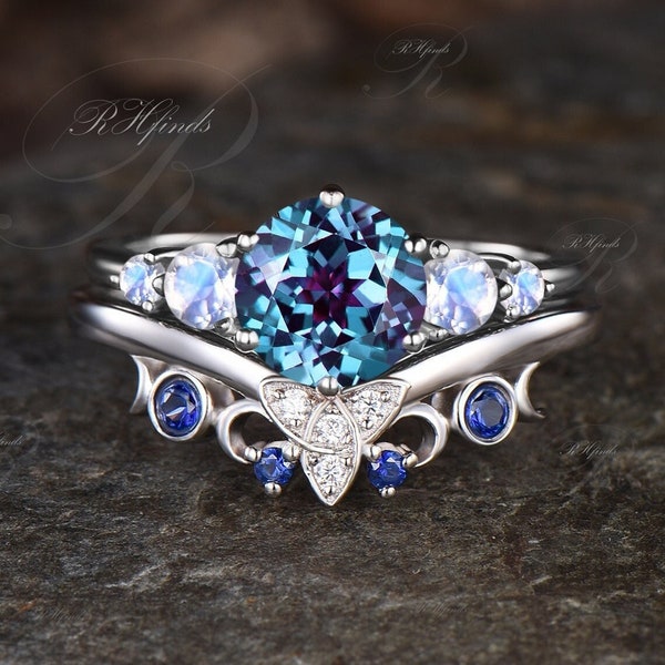 Unique Round Cut Alexandrite Engagement Ring Set 14k White Gold Natural Moonstone Blue Sapphire Moissanite Ring Moon Celtic Knot Ring Women