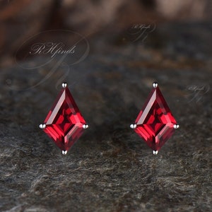 Vintage Kite Cut Ruby Earrings Unique Red Gemstone Solitaire Stud Earrings Antique 14k White Gold July Birthstone Ruby Pierced Earrings