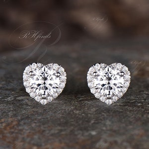 Art Deco Heart Earrings Unique 6mm Round Cut Moissanite Stud Earrings Delicate 14k White Gold Halo Earrings Engagement Pierced Earrings