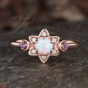 Dainty October Birthstone Round Cut Opal Engagement Ring Art Deco Star Moon Ring Unique Moissanite Halo Amethyst Bridal Jewelry Gift Women