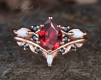 Pear Cut Ruby Engagement Ring Set Black Onyx Opal Cluster Wedding Ring Art Deco 14k Rose Gold July Birthstone Ruby 2pcs Bridal Ring Set