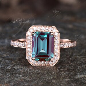 Emerald Cut Alexandrite Engagement Ring June Birthstone Color Change Alexandrite Ring Diamond Moissanite Halo Half Eternity Ring Custom Gift