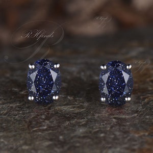 Unique Galaxy Oval Cut Blue Sandstone Stud Earrings Art Deco Healing Jewelry Solitaire Earrings Blue Gemstone Pierced Earrings Promise Gift