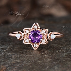 Art Deco February Birthstone Round Cut Natural Amethyst Wedding Ring Unique Moon Star Ring Moissanite Opal Custom Bridal Ring Gift For Women