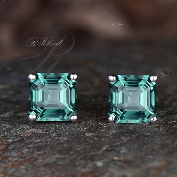 Unique Asscher Cut Green Sapphire Solitaire Earrings Green Gemstone Stud Earrings Art Deco 14k White Gold Birthday Earrings Wedding Gift