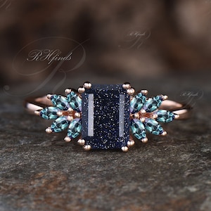 Unique Emerald Cut Blue Sandstone Engagement Ring Galaxy Healing Blue Sandstone Ring June Birthstone Alexandrite Cluster Promise Ring Gift