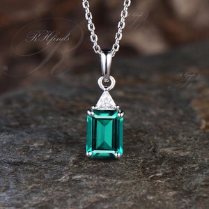 Unique Emerald Cut Emerald Necklace Delicate 14k White Gold May Birthstone Emerald Pendant Art Deco Two Stone Pendant Birthday Gift For Her