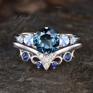 Round Cut Natural London Blue Topaz Engagement Ring Set Unique Natural Blue Sapphire Moonstone Ring Celtic Knot Moon 2pcs Bridal Ring Set