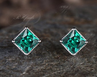 Pendientes de esmeralda talla princesa, estilo vintage, con detalles de milgrain, piedra natal de mayo, gema verde, pendientes de esmeralda, estilo art déco, pendientes cuadrados de esmeralda.