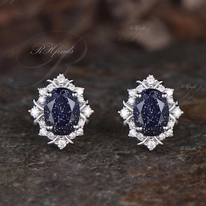 Galaxy Oval Cut Blue Sandstone Stud Earrings 925 Sterling Silver Moissanite Halo Earrings Unique Starry Sky Pierced Earrings Healing Jewelry