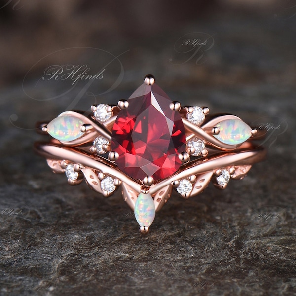 Vintage Pear Cut Ruby Engagement Ring Set 14k Rose Gold Red Gemstone July Birthstone Ruby Ring Opal Leaf Wedding Band 2pcs Bridal Ring Set