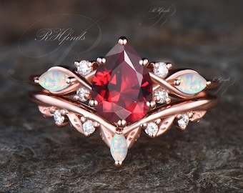 Vintage Pear Cut Ruby Engagement Ring Set 14k Rose Gold Red Gemstone July Birthstone Ruby Ring Opal Leaf Wedding Band 2pcs Bridal Ring Set