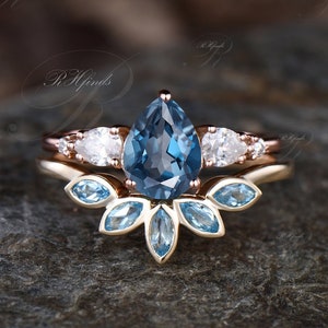 Pear Cut Natural London Blue Topaz Engagement Ring Set Unique Blue Gemstone December Birthstone Wedding Ring Five Stone 2pcs Bridal Ring Set