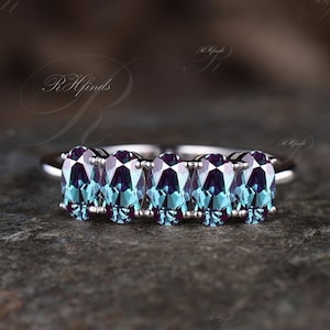 Dainty Oval Cut Alexandrite Wedding Band June Birthstone Color Change Alexandrite Wedding Ring 925 Sterling Silver Five Stone Promise Gift