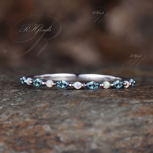 Minimalist Opal Alexandrite Wedding Band Unique Half Eternity Dainty Color Change Stone June Birthstone Wedding Bridal Ring Women Jewelry