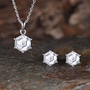 Unique Hexagon Cut Moissanite Jewelry Set Minimalist Moissanite Solitaire Necklace Art Deco 925 Sterling Silver Moissanite Stud Earrings