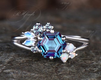 Unique Hexagon Cut Alexandrite Engagement Ring June Birthstone Moonstone October Birthstone Opal Ring Split Shank Cluster Promise Ring Women