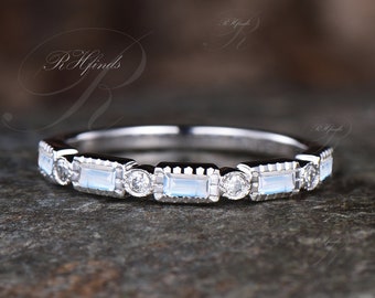Delicate June Birthstone Natural Moonstone Wedding Band Unique Moissanite Half Eternity Wedding Ring Vintage 14k White Gold Promise Ring