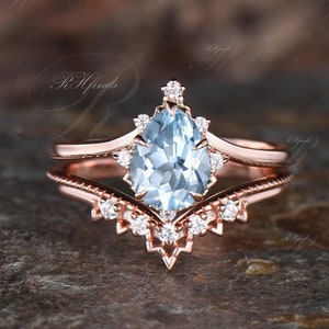 Delicate Pear Cut Natural Aquamarine Engagement Ring Set Vintage 14k Rose Gold March Birthstone Blue Gemstone 2pcs Bridal Ring Set Women