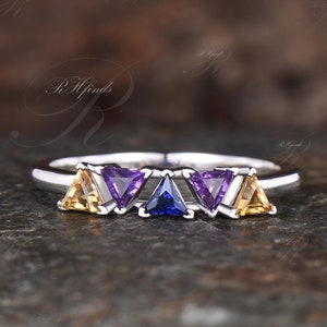 Trillion Cut Blue Sapphire Amethyst Citrine Wedding Band Delicate 14k White Gold Five Stone Ring Art Deco Matching Band Birthday Gift Women