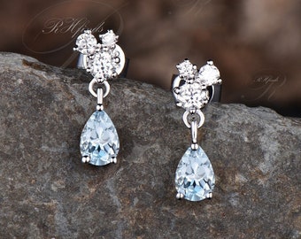 Unique Pear Cut Natural Aquamarine Drop Earrings Dainty March Birthstone Blue Gemstone Aquamarine Dangle Earrings Moissanite Christmas Gift