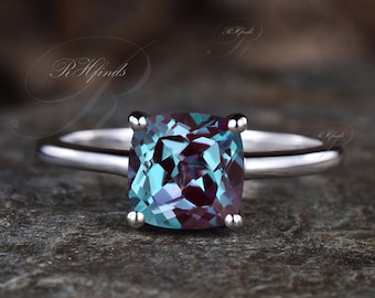 Dainty Alexandrite Solitaire Ring Art Deco Cushion Cut Alexandrite Engagement Ring June Birthstone Ring Wedding Gift For Her Women Jewelry
