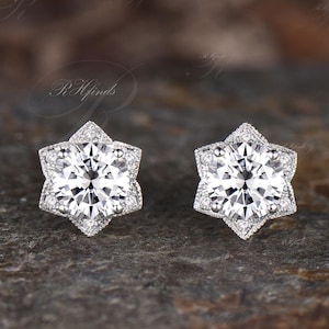 Milgrain Round Cut Moissanite Stud Earrings Unique 14k White Gold Hexagram Earrings Celestial Jewelry Art Deco Halo Earrings Star Earrings
