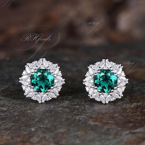 Dainty Round Cut Emerald Stud Earrings Unique Moissanite Halo Earrings Women 14k White Gold May Birthstone Green Gemstone Pierced Earrings