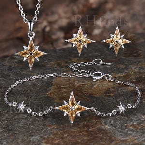 Conjunto de joyas de citrino natural de inspiración celestial con forma de estrella del norte, pendientes, collar y pulsera con corte de cometa, diseño de estrella de plata, colgante Polaris