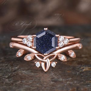 Unique Hexagon Cut Blue Sandstone Engagement Ring Set Curve Celtic Knot Wedding Band Rose Gold Sterling Silver Cluster Moissanite Ring Gift
