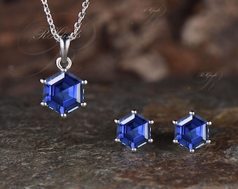 Delicate Hexagon Cut Blue Sapphire Wedding Set Minimalist Solitaire Necklace September Birthstone Blue Sapphire Stud Earrings Jewelry Set