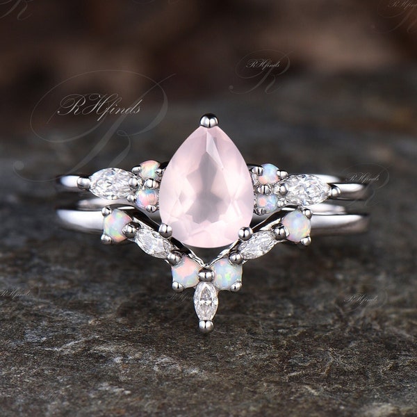 Unique Pear Cut Natural Rose Quartz Engagement Ring Set Vintage Pink Crystal Opal 7 Stone Ring Art Deco 14k White Gold 2pcs Bridal Ring Set