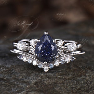 Pear Cut Galaxy Blue Sandstone Engagement Ring Set Vintage Milgrain Round Alexandrite Wedding Ring Art Deco Blue Gemstone Healing Jewelry