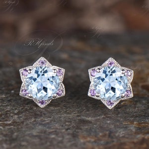 Milgrain Round Cut Natural Aquamarine Stud Earrings Vintage Amethyst Halo Hexagram Earrings Art Deco Celestial Jewelry Star Pierced Earrings