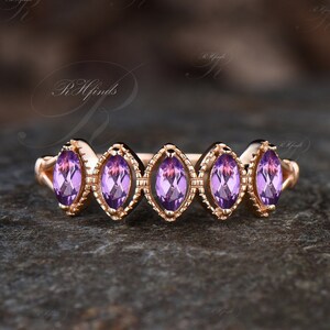 Milgrain Marquise Cut Amethyst Wedding Band Vintage February Birthstone Purple Crystal Wedding Ring Unique Purple Gemstone Five Stone Ring