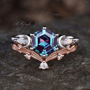 Vintage Hexagon Cut June Birthstone Alexandrite Engagement Ring Set Floral Leaf Nature Inspired Ring Unique Opal Amethyst Moon Ring Women