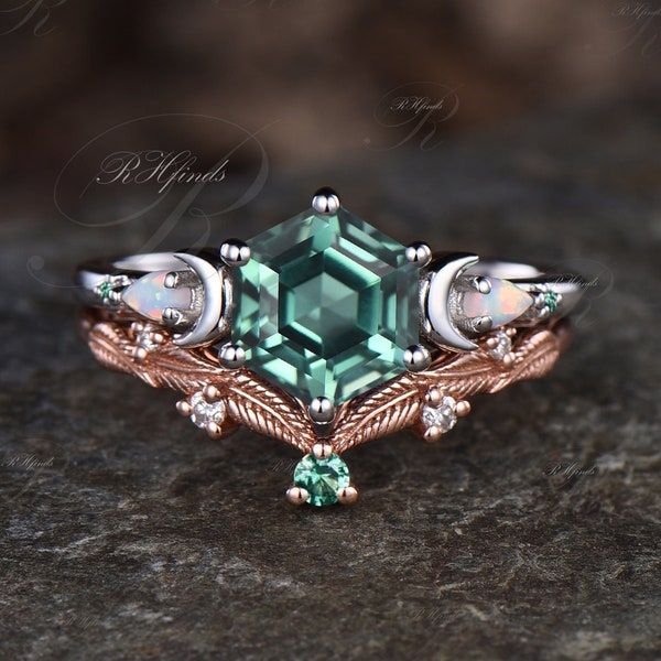 Unique Hexagon Cut Green Sapphire Engagement Ring Set Opal Emerald Moon 5 Stone Ring Leaf Floral Nature Inspired Ring 2pcs Bridal Ring Set