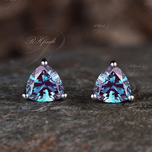 Trillion Cut Alexandrite Earrings Color Change Stone June Birthstone Alexandrite Solitaire Earrings Stud Earrings Birthday Graduation Gift