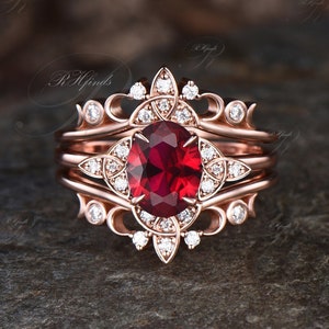 Oval Cut July Birthstone Ruby Engagement Ring Set Unique Moissanite Moon Ring Celtic Knot Ring Art Deco 14k Rose Gold 3pcs Bridal Ring Set