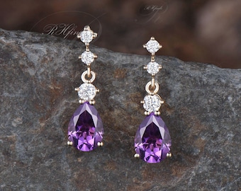 Delicate Pear Cut Natural Amethyst Drop Earrings Minimalist February Birthstone Purple Crystal Amethyst Dangle Earrings Anniversary Gift