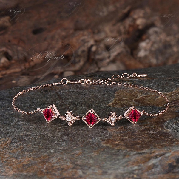 Vintage Princess Cut Ruby Bracelet Milgrain 14k Rose Gold Red Gemstone Five Stone Bracelet Art Deco July Birthstone Anniversary Bracelet