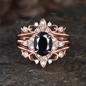 Oval Cut Natural Black Onyx Engagement Ring Set Unique Moissanite Celtic Knot Moon Wedding Band Art Deco Cluster Ring 3pcs Bridal Ring Set