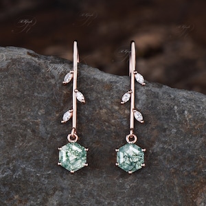 Hexagon Cut Natural Green Moss Agate Drop Earrings Unique Marquise Moissanite Dangle Earrings Art Deco 14k Rose Gold Green Gemstone Earrings