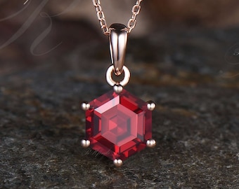 Delicate Hexagon Cut Ruby Necklace Dainty July Birthstone Red Gemstone Ruby Pendant Unique Solitaire Pendant 14k Solid Rose Gold Necklace