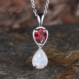 Unique Pear Cut Ruby Opal Necklace Art Deco 14k White Gold Two Stone Pendant Minimalist July Birthstone Necklace Anniversary Gift For Women