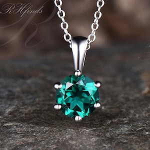 Art Deco 1ct Round Cut Emerald Necklace Unique May Birthstone Green Gemstone Solitaire Pendant Minimalist 14k White Gold Engagement Necklace