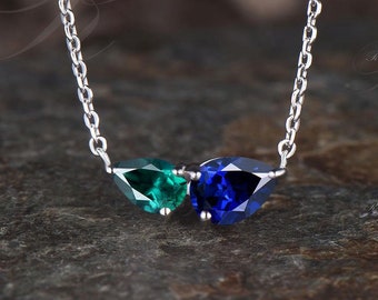 Unique Pear Cut Blue Sapphire Necklace Minimalist Teardrop Emerald Two Stone Pendant Delicate 14k White Gold Anniversary Necklace Women