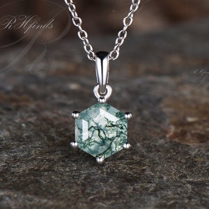 Unique Hexagon Cut Moss Agate Necklace Vintage Natural Geen Agate Pendant 925 Sterling Silver 14k White Gold Minimalist Solitaire Necklace