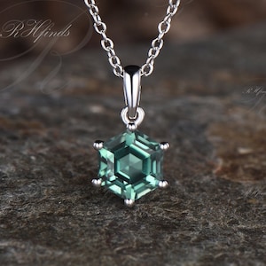 Unique Hexagon Cut Green Sapphire Necklace Delicate Green Gemstone Solitaire Pendant Minimalist Green Sapphire Pendant Custom Gift For Women