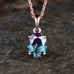 Minimalist Oval Cut June Birthstone Alexandrite Necklace Color Change Stone Solitaire Pendant Unique 14k Rose Gold Bridal Custom Gift Women